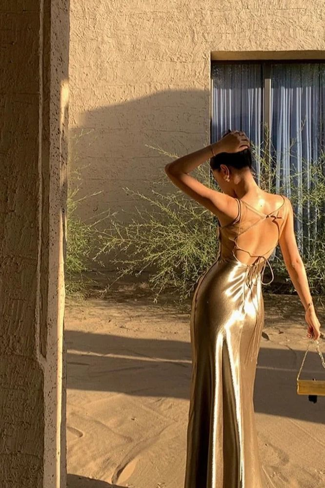 Fashion Spaghetti Strap Champagne Gold Satin Mermaid Party Dress Prom Gown SP538