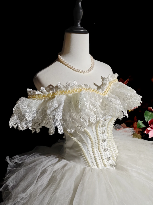 Elegant Off The Shoulder Lace Tulle Pearls Beaded Short Birthday Dress,White Mini Homecoming Dress SP2715