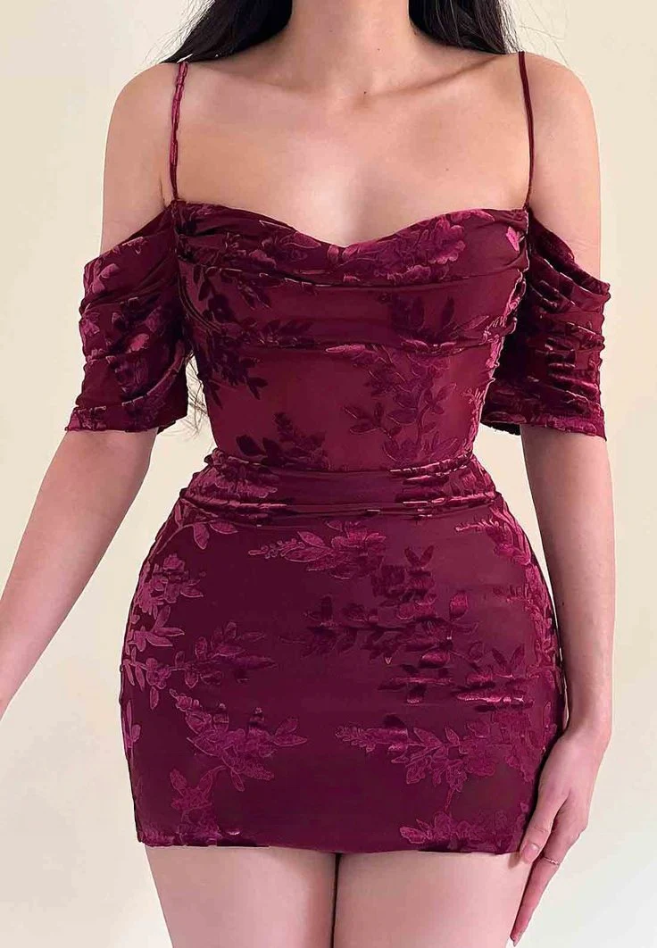 Burgundy Vintage Off The Shoulder Satin Print Floral Sheath Short Homecoming Dress Birthday Outfits Y9891