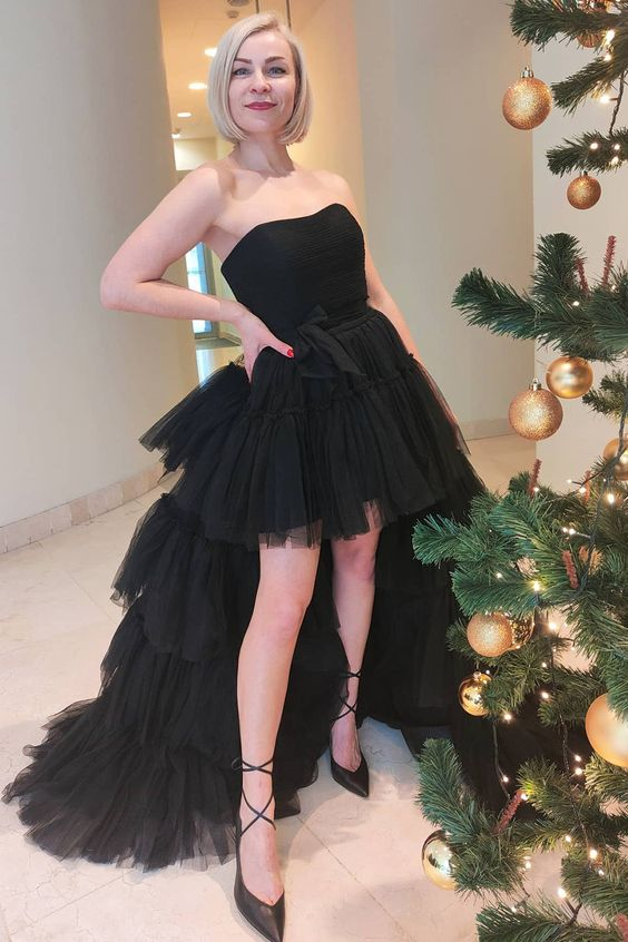 Black High Low Tulle Prom Dress, Black Tulle High Low Formal Evening Dress Y4893