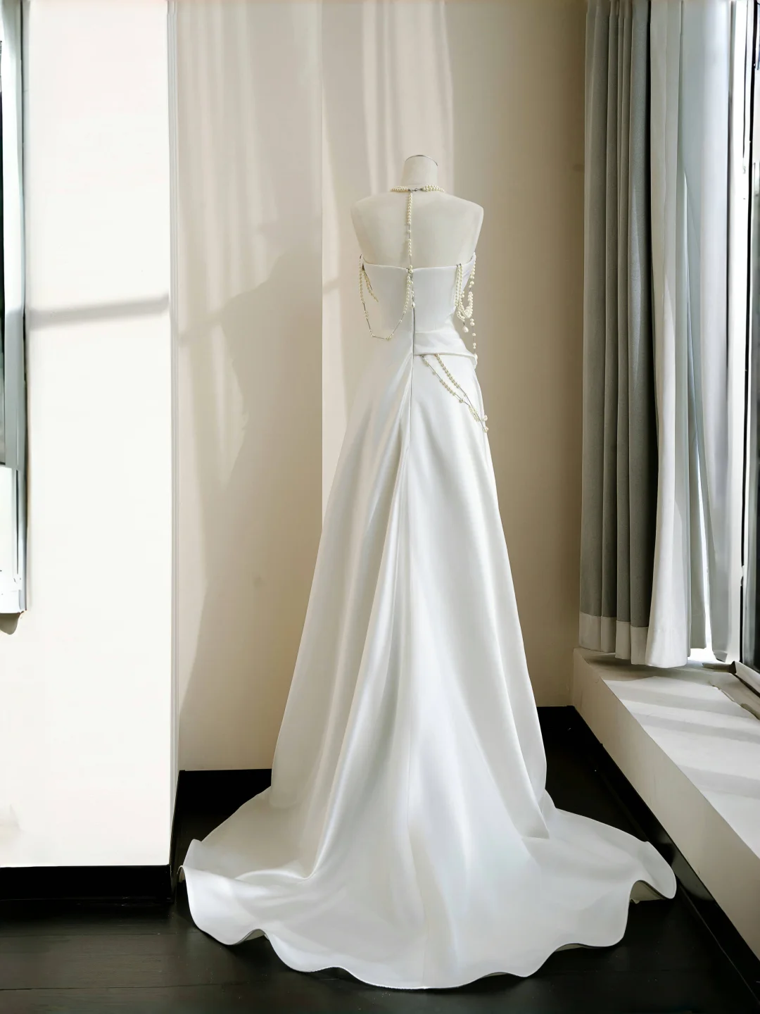 Classy Strapless Satin Pearls Chain White Prom Dress,A Line Evening Dress Y8684