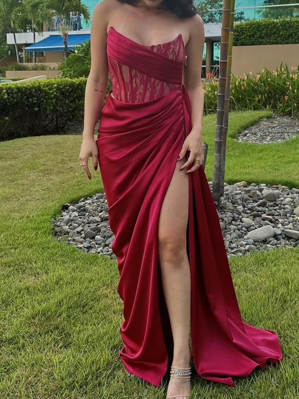 Sexy Burgundy Strapless Satin Lace Pleated Slit Mermaid Evening Dress Long Wedding Guest Dress SP800