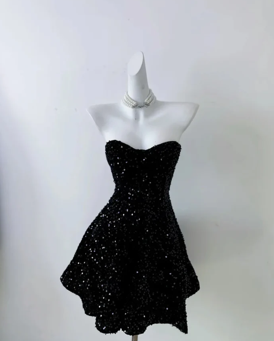 Pretty Black Strapless Sequin A Line Short Homecoming Dress Cocktail Dress Y9684
