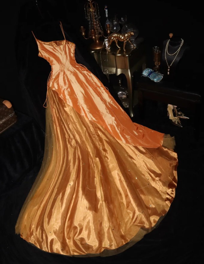 Vintage Spaghetti Straps Orange Satin Tulle Sequin Prom Gown Long Mermaid Party Dress SP677