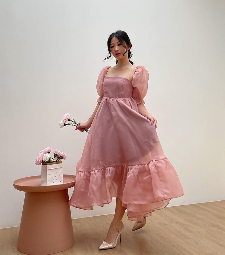 Blush Pink Baby Doll Puff Sleeves Dress, Pretty French Princess Dress,A-line Prom Dress Y6254
