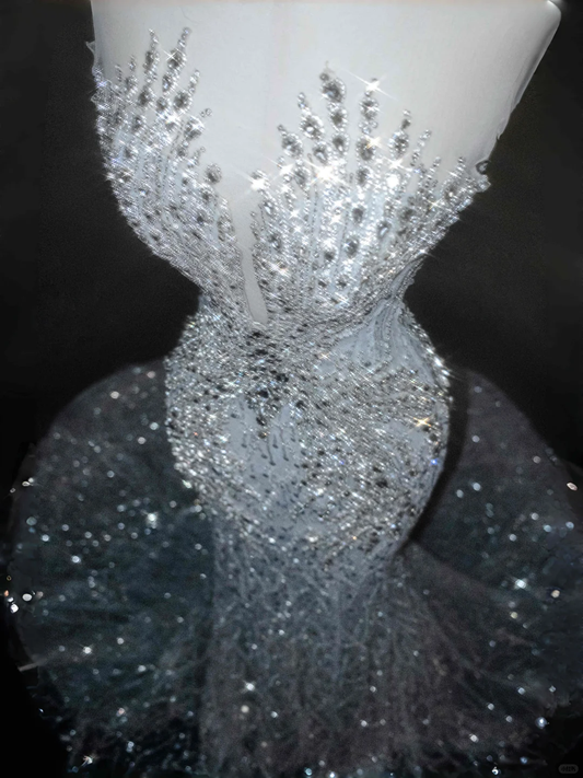 Romantic White Tulle Sequin Beaded Mermaid Wedding Dress,Long Prom Evening Dress Y8667