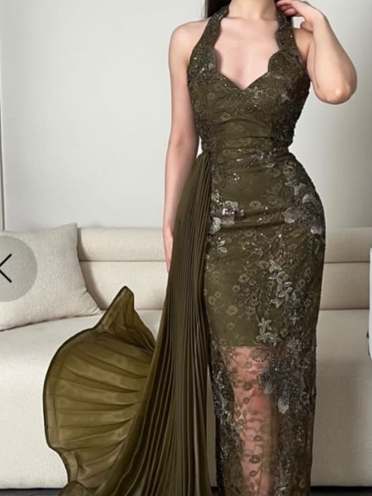 Vintage Olive Green Lace Sequin Beaded Sheath Long Party Dress Halter Birthday Prom Gowns SP2275