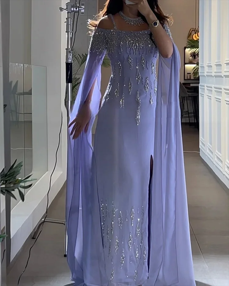 Classy Lavender Chiffon Beaded Evening Dress,Off The Shoulder Slit Prom Dress Y8746