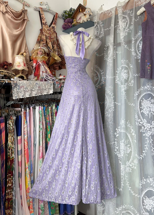 Pretty Lavender Halter V Neck Lace Satin Mermaid Long Birthday Prom Dress Party Gown SP1714