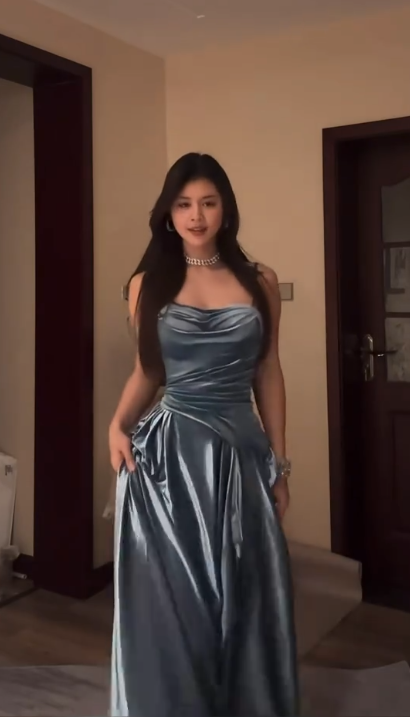 Fashion Spaghetti Straps Blue Satin Pleated ALine Party Dress Evening Dress SP235