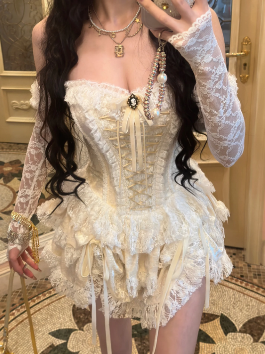 Cute Light Yellow Lace Layered Strapless A Line Birthday Outfits Formal 8th Grade Homecoming Dress Y9097