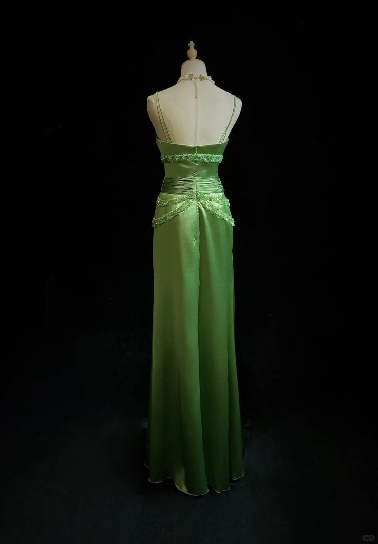 Chic Spaghetti Straps Green Satin Beaded Mermaid Long Party Dress Formal Prom Gown SP365