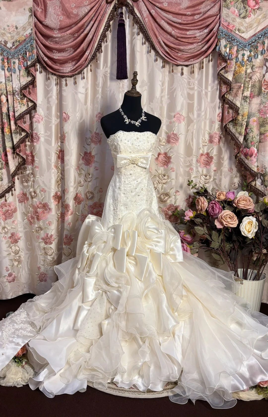 Classy Strapless White Satin Beaded Mermaid Long Wedding Dresses Bow Princess Bridal Gown Y9709