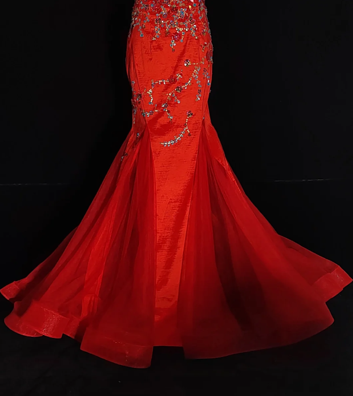 Pretty Red Tulle Sequin Beaded Mermaid Evening Dress Long Prom Gown Two Piece SP433