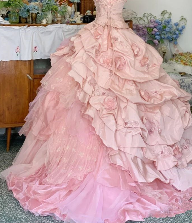 Pretty Pink Strapless Tulle Satin Appliques Sweet 16 Dress Ball Gown SP482