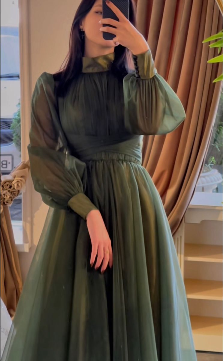 Vintage Green High Neck Tulle Long Prom Dress,Green Birthday Party Dress Y5548