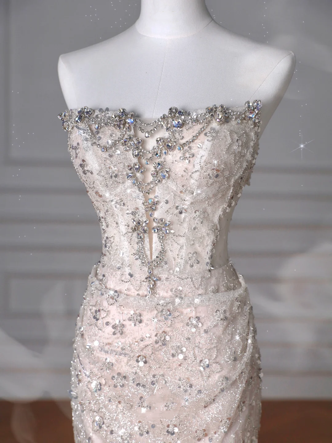 Sparkly Strapless Tulle Sequins Mermaid Prom Dress Long Evening Dress Y8616