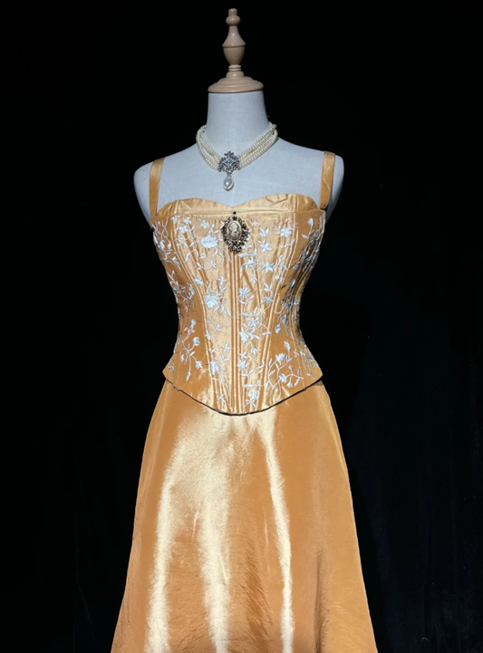 Pretty Spaghetti Straps Satin Embroidery A Line Long Evening Dress 20th Birthday Outfits SP1966