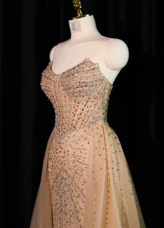 Luxurious Champagne Strapless Tulle Beaded Mermaid Long Evening Dress 18th Birthday Dress SP2233