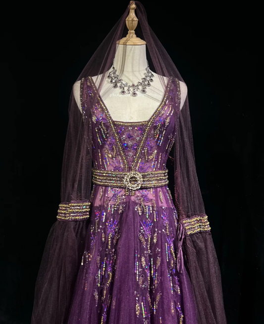 Gorgeous Purple V Neck Tulle Beaded A Line Long Evening Dress Birthday Party Gown SP1798