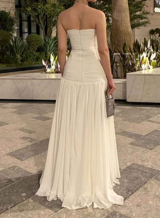 Classy Strapless Chiffon Pleated White Long Evening Dress Formal Wedding Guest SP698