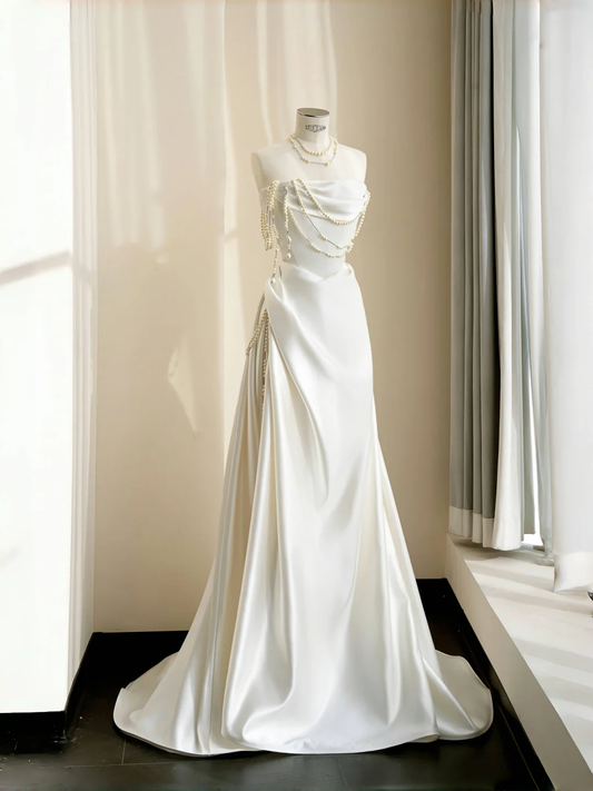 Classy Strapless Satin Pearls Chain White Prom Dress,A Line Evening Dress Y8684