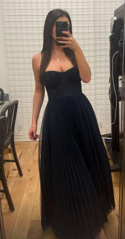 Classy Spaghetti Straps Pleated Tulle Green Midi Prom Dress A Line Evening Dress Y8452