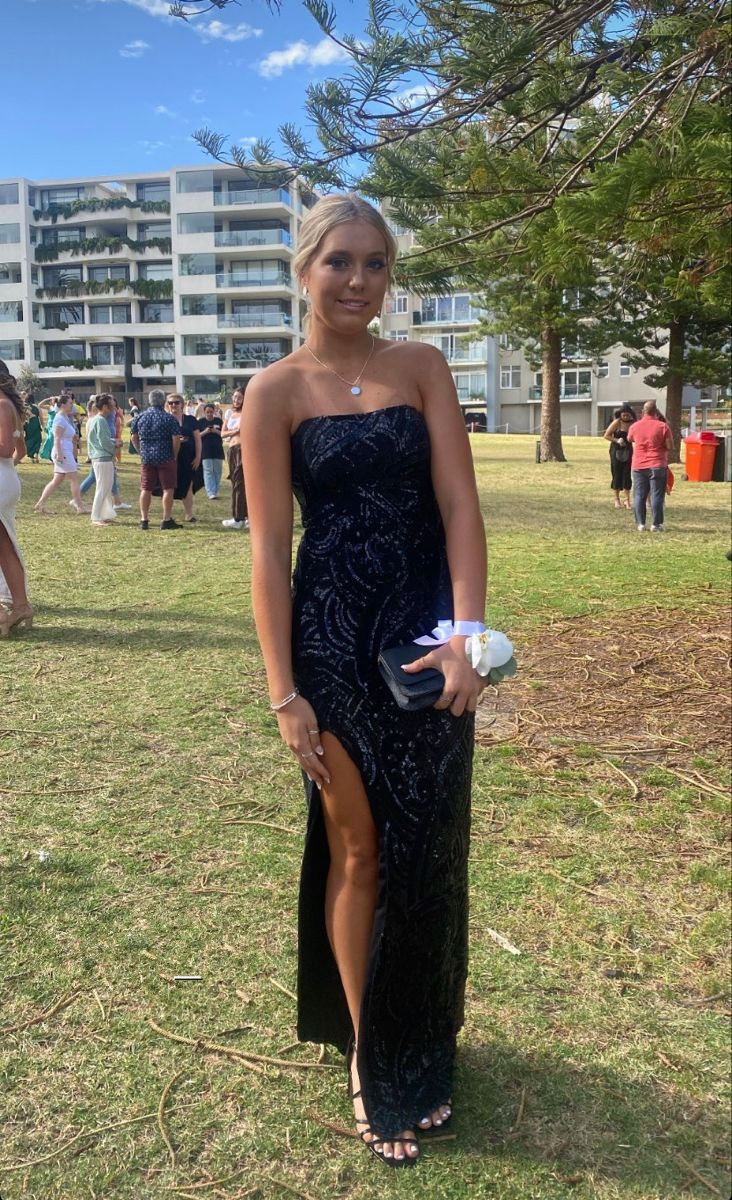 Sequin Sparkling Sheath/Column Navy Blue Prom Dress with Split Y4181