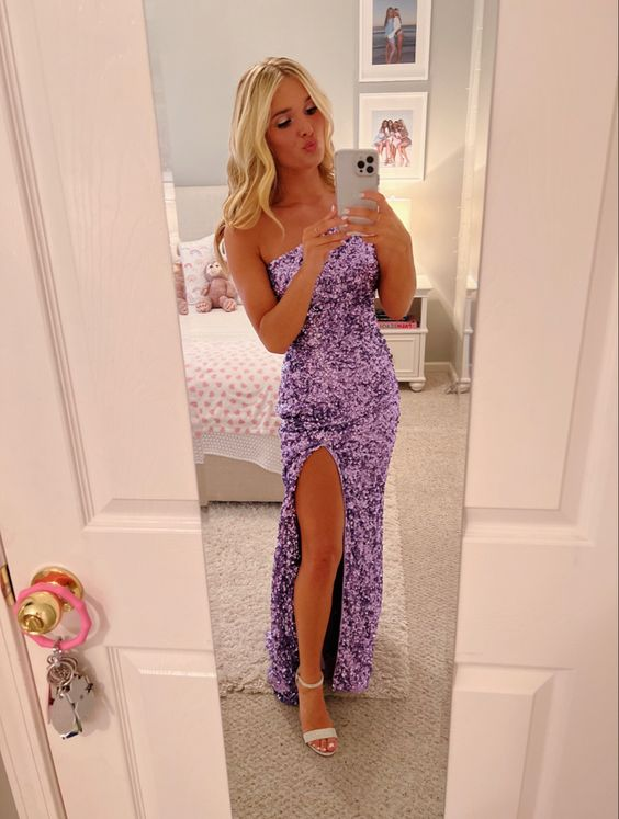 Elegant Purple Strapless Sheath Prom Dress With Split Y7004