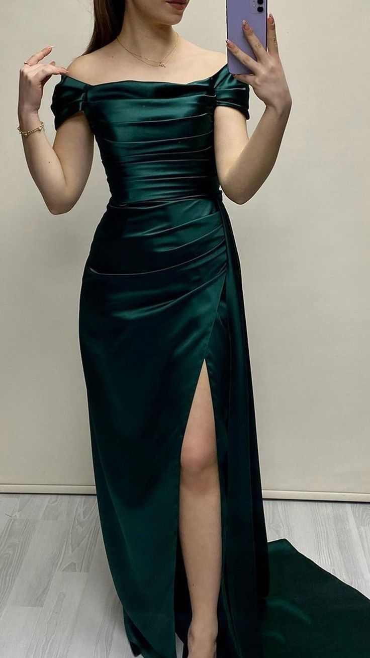 Pretty Off The Shoulder Navy Blue Satin Slit Mermaid Birthday Party Gown Formal Wedding Guest Dress SP770