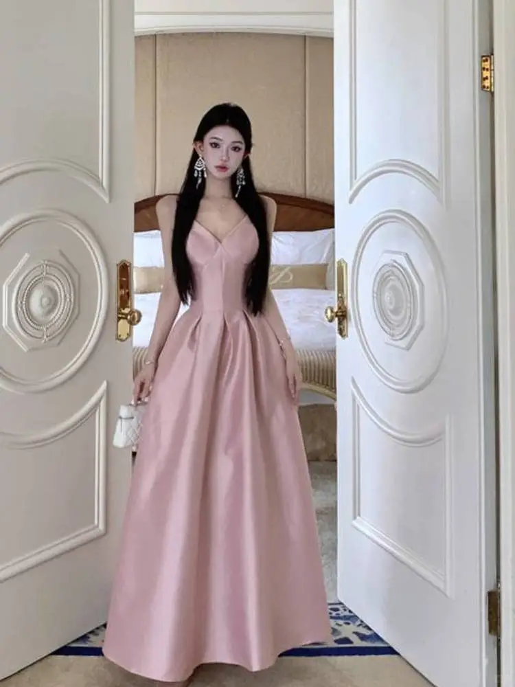 Cute Spaghetti Straps V Neck Satin A Line Long wedding Guest Dress Pink Evening Dress Prom Dress SP2291