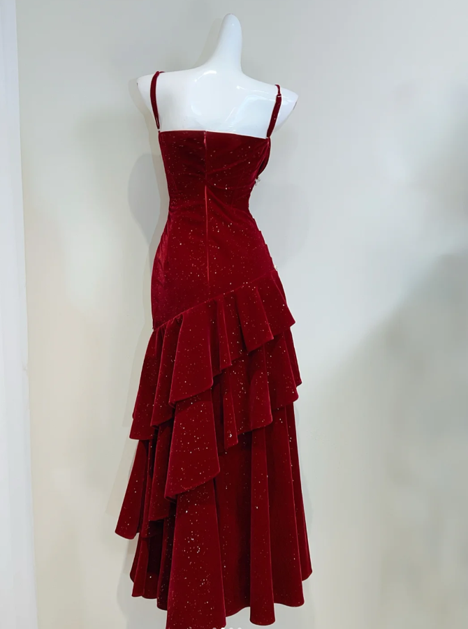 Shiny Spaghetti Straps Red Velvet Sequin Beaded Ruffles Mermaid Party Dress Long Prom Dress SP429