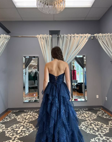 Sparkly Tulle Sequins Evening Dress,Navy Blue A Line Prom Dress Y8146