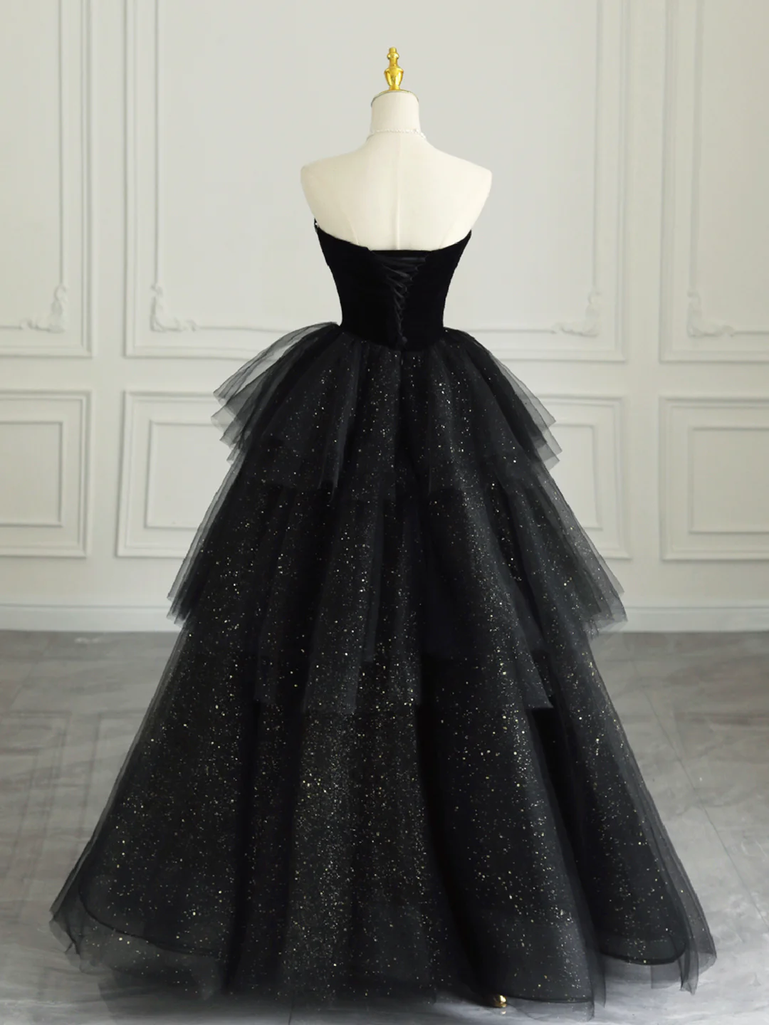 Black Strapless Tulle Formal Dress with Velvet, A-Line Sweetheart Neck Long Prom Dress Y4434
