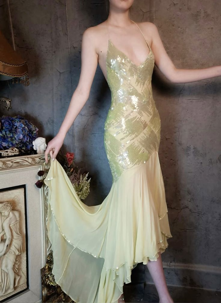 Vintage Halter Chiffon Sequins Prom Dress,Yellow Mermaid Evening Dress Y8765