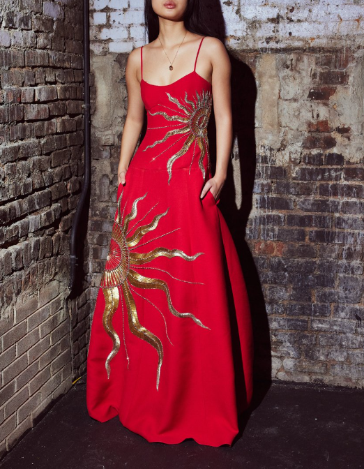 Luxury Red Satin Gold Sequins Prom Dress,Formal Evening Dress Y8200