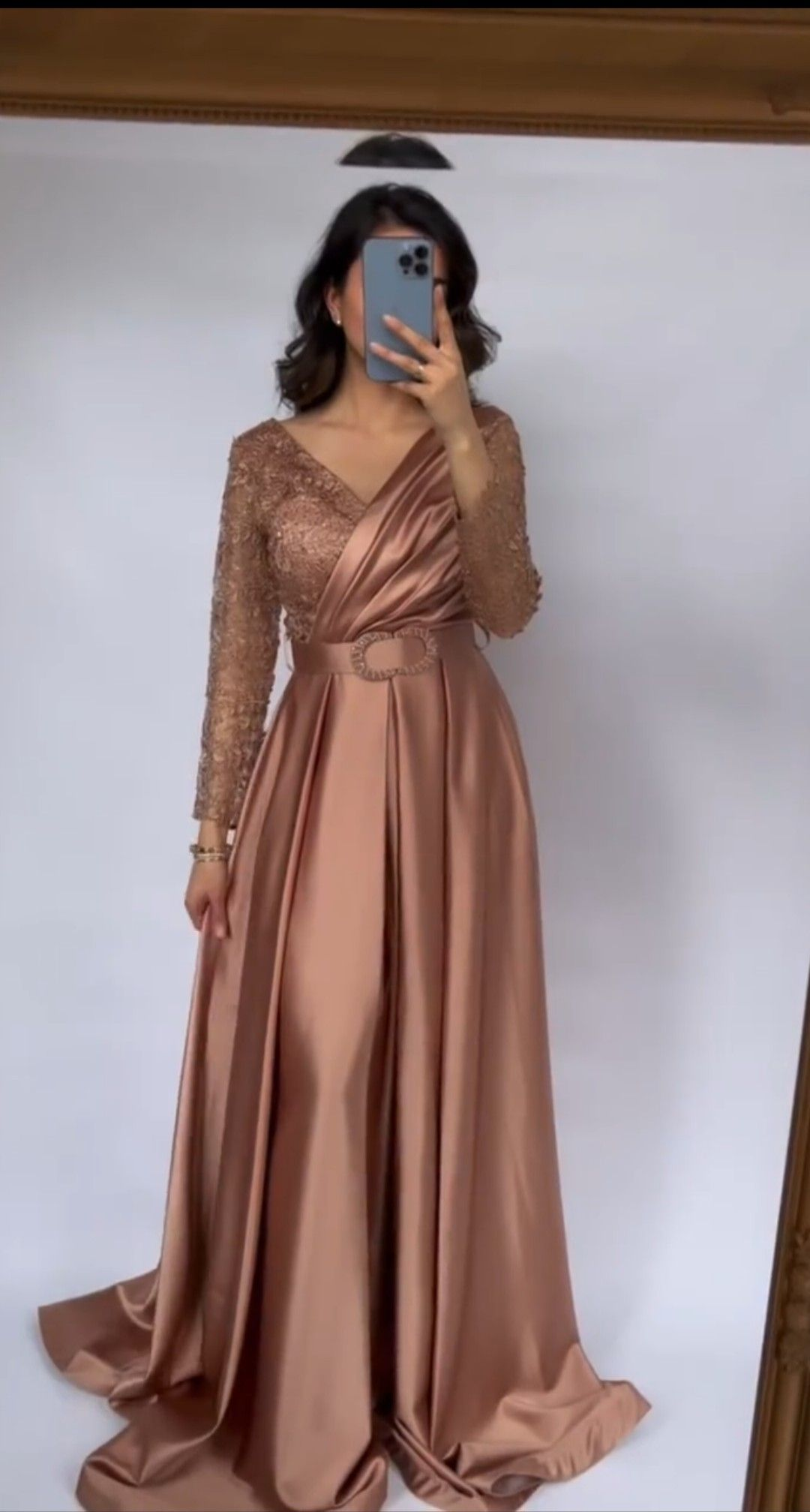 Charming A-line Satin Evening Dress With Long Sleeves,Fashion Evening Gown Y4992