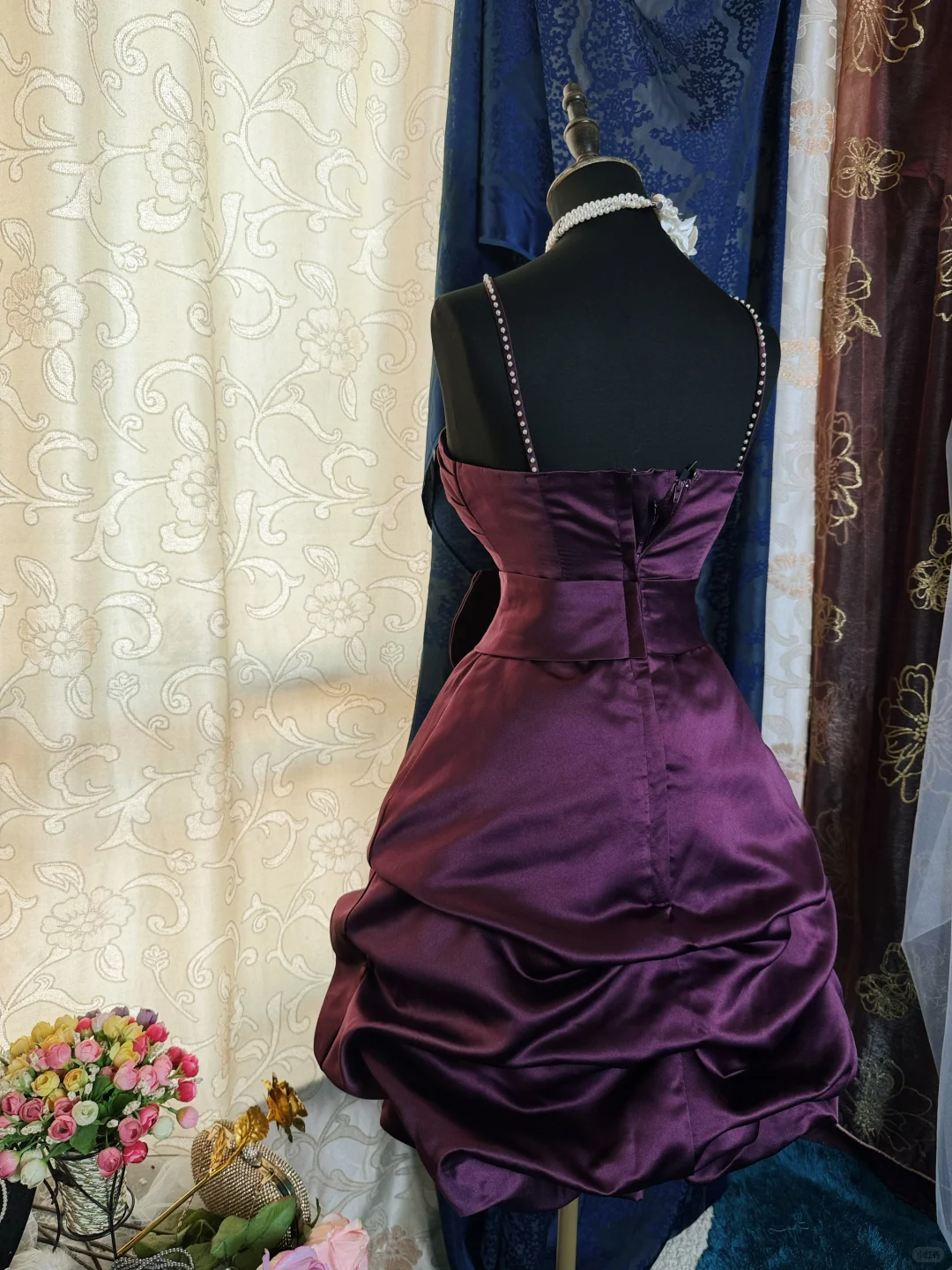 Vintage Purple Satin Bow Pleated Short Homecoming Dress Cocktail Dress With Beads SP2191