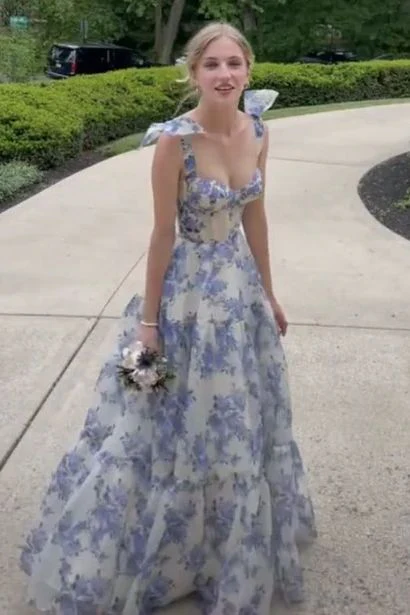 A-line Blue Floral Print Long Prom Dress,Blue Evening Dress Y2560