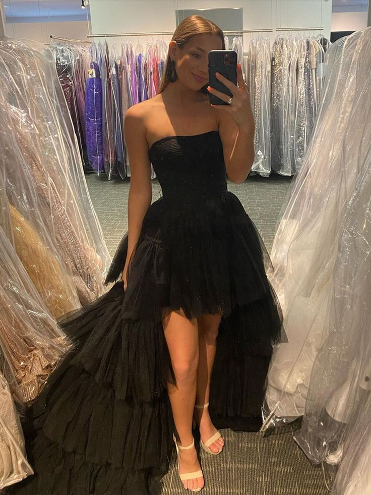 Black High Low Tulle Prom Dress, Black Tulle High Low Formal Evening Dress Y4893