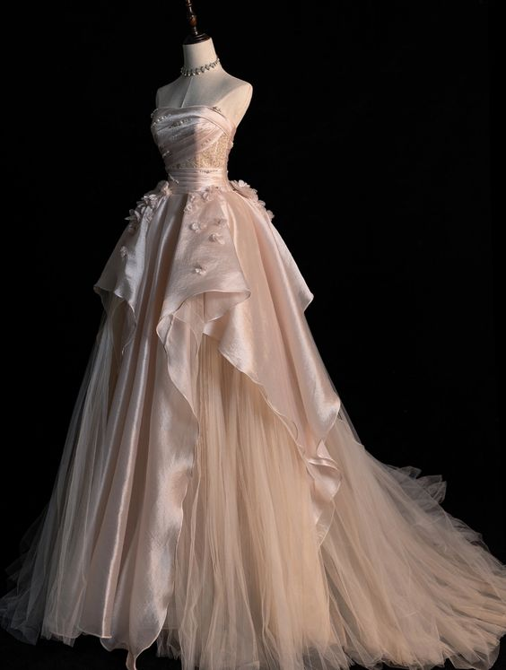 Generous Pink Strapless A-line Tulle Evening Dress,Glam Dress Y6761