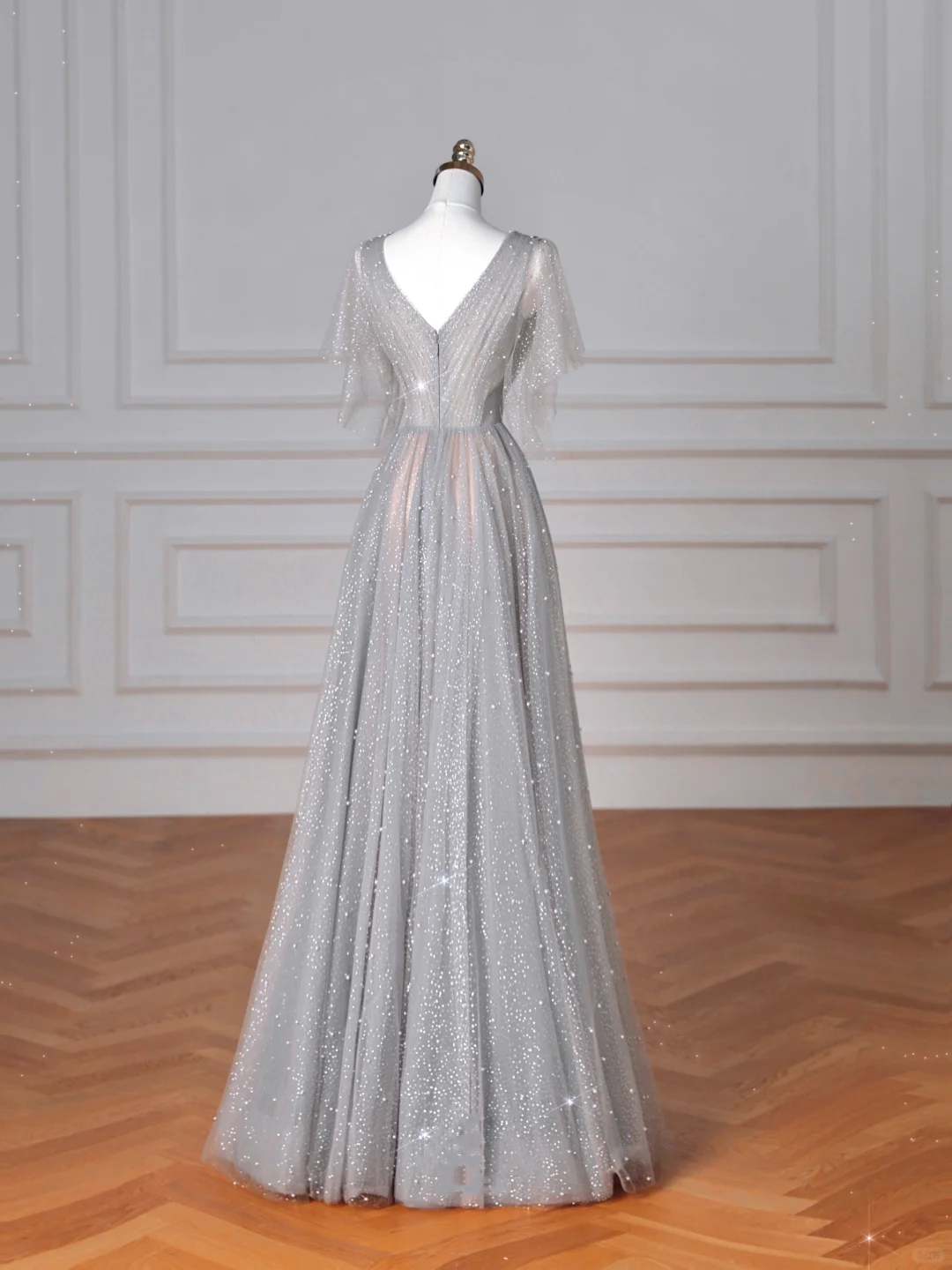 Sparkly Gray Tulle Sequins A Line Prom Dress,Sexy V Neck Evening Dress Y8638