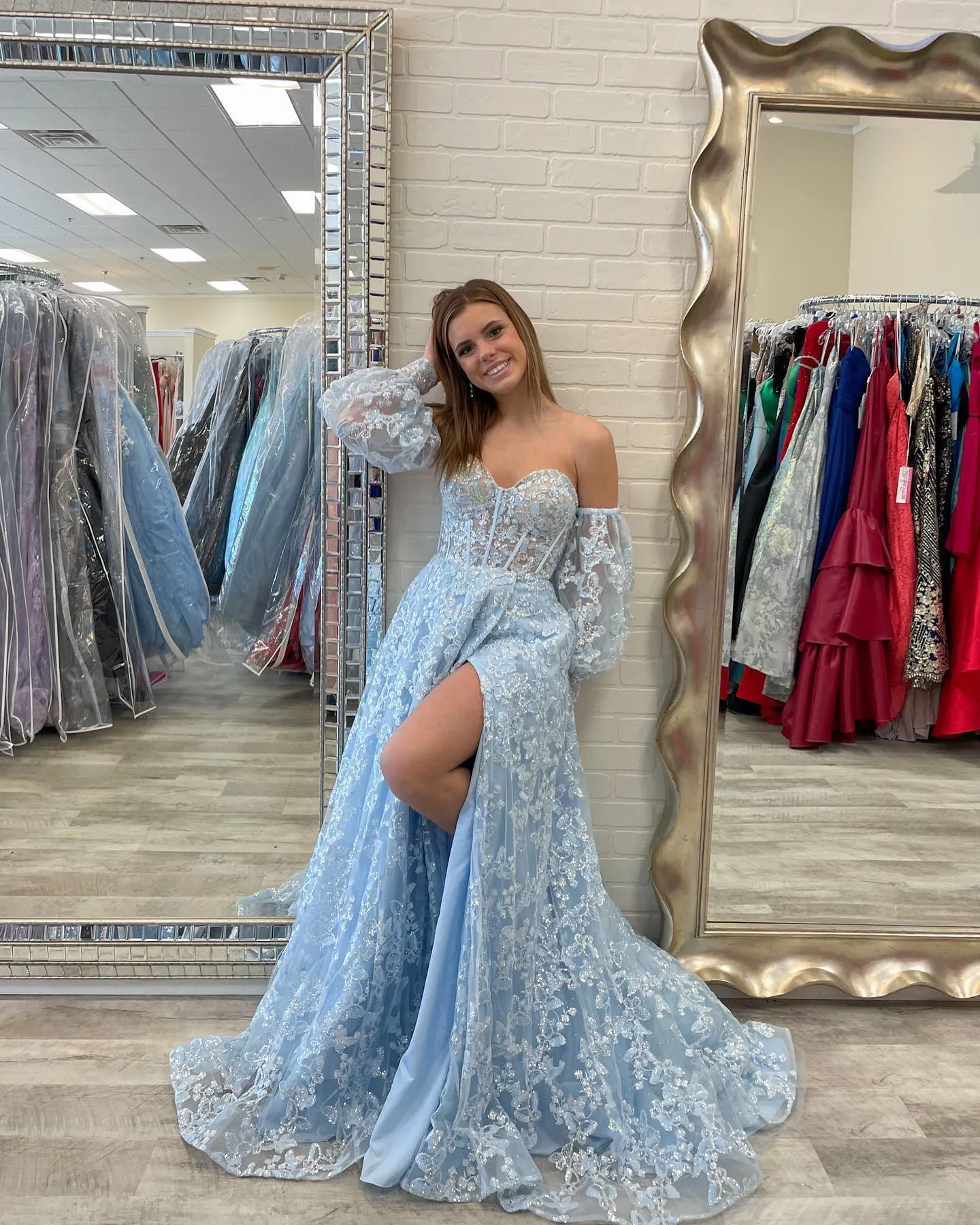 Sparkle Princess Bustier Puff Sleeve Lace Long Prom Dress Detachable Sleeves Evening Dress Y1805