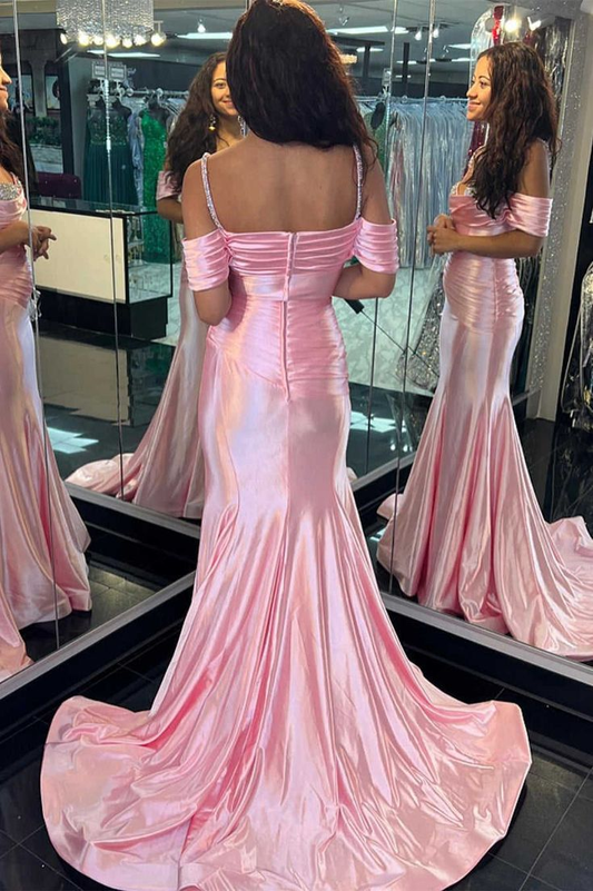 Silver Cold Sleeves Beaded Ruched Mermaid Prom Dress Y5724