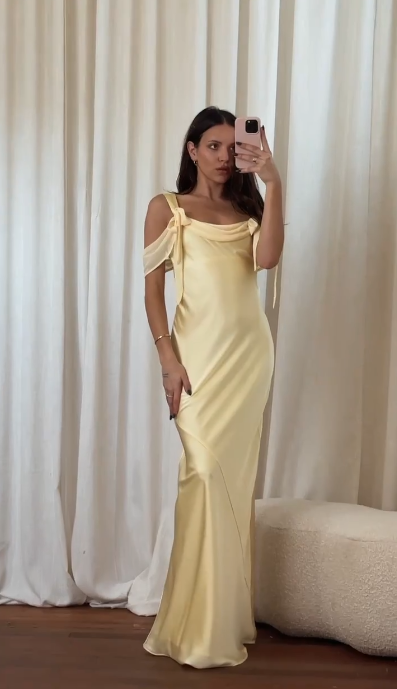 Elegant Yellow Off The Shoulder Satin Chiffon Long Party Dress Formal Bridesmaid Dress SP250