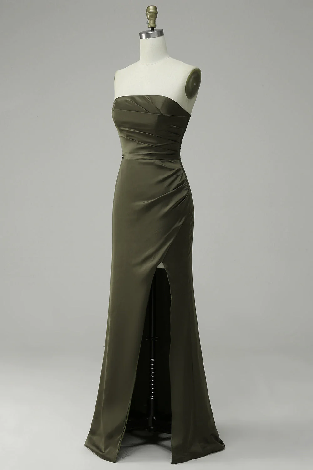 Green Strapless Satin Prom Dress With Slit Y4204