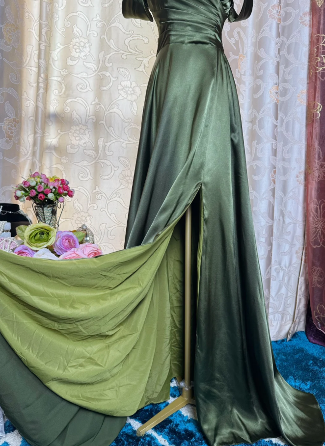 Classy Off The Shoulder Olive Green Satin Pleated Slit Long Evening Dress Formal Wedding Guest Dress SP1889