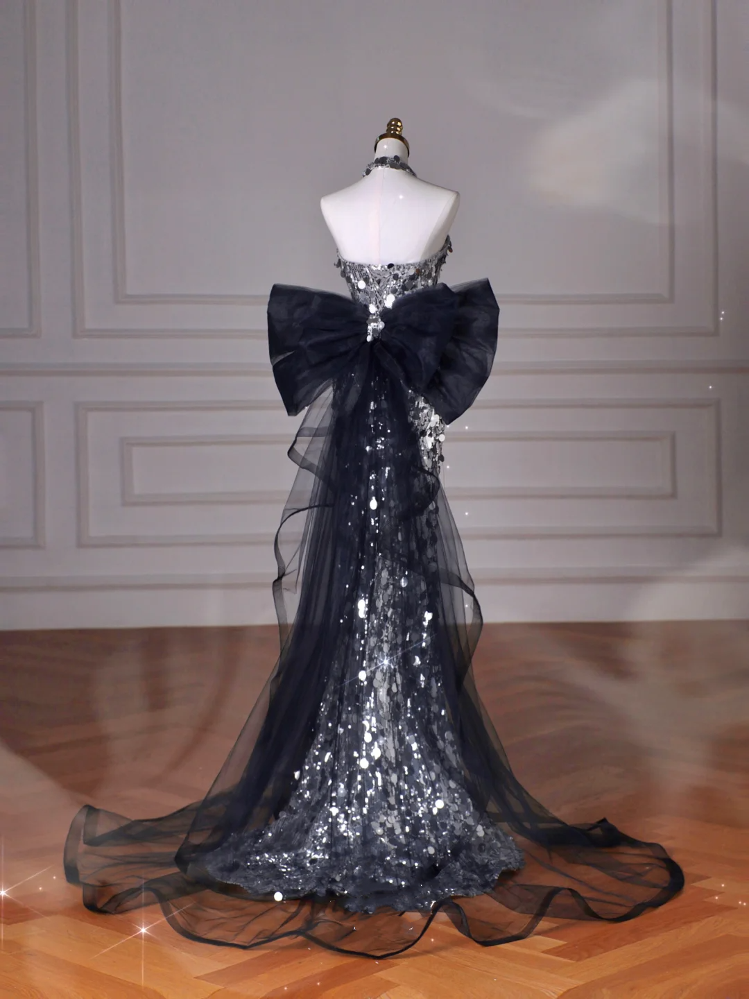 Black Glitter Sequins Tulle Mermaid Prom Dress,Strapless Evening Dress With Bow Y8615