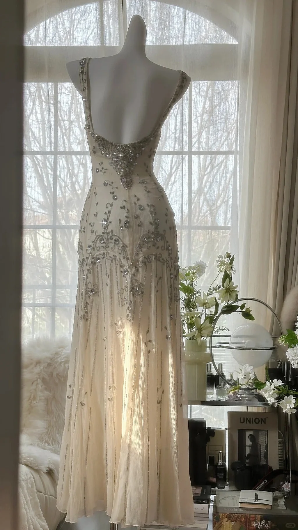 Vintage Light Champagne Chiffon Beaded Long Sleeveless Prom Dress Evening Dress Y9729