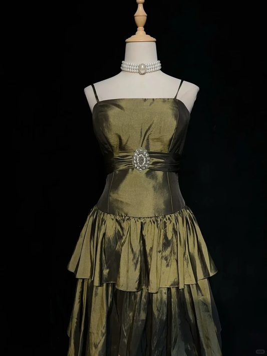 Retro Olive Green Satin A Line Short 9th Grade Homecoming Dress,Spaghetti Straps Mini Cocktail Dress SP2901